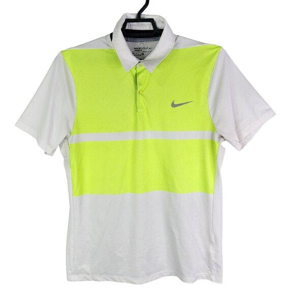 Mens Nike Golf Modern Fit Dri-Fit Polo Shirt White & Neon Green Short Sleeve L - Picture 1 of 11